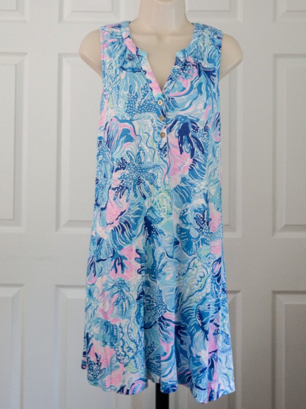 Sleeveless Blue & Pink Swirl Print Cotton Shift Dress